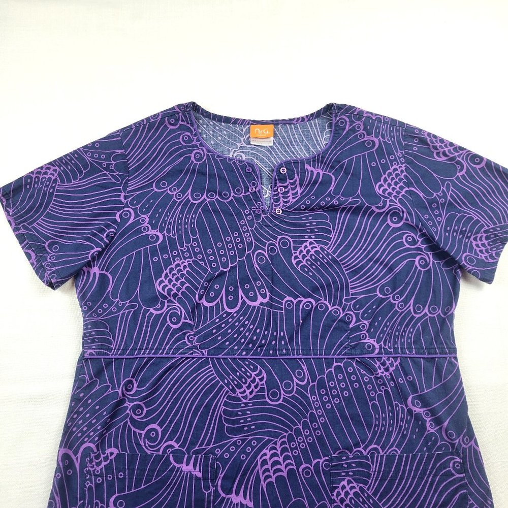 NRG Blue and Purple Feather Floral Print  Scrub Top by Barco - Large - Picture 2 of 9